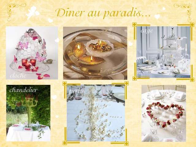   décoration mariage idées thème anges centre de table  cloche en grillage coupelle eau bougie flottante chandelier en carton perles  coeur en fleur