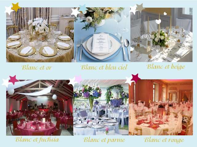   décoration table mariage idées thème anges couleurs blanc bleu ciel or beige rouge pare fuchsia 