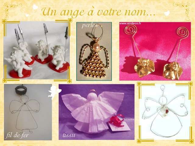   décoration mariage idées thème anges marque place porte nom ange enfil de fer tissu statue en perles