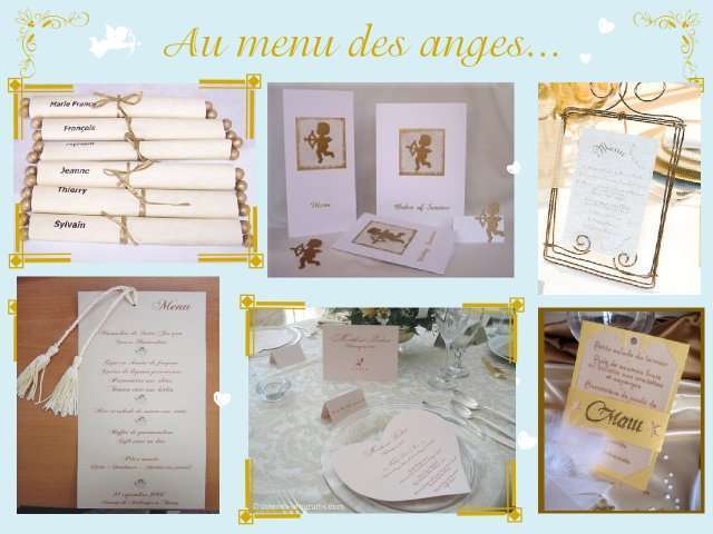   décoration mariage idées thème anges menu rouleau parchemin cadre en fil doré pampille carte coeur