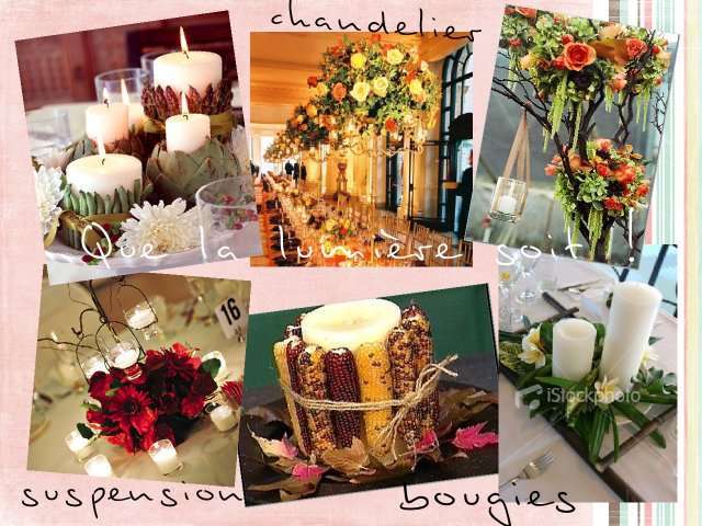 centre de table mariage bougies ebrubannés de feuilles de maïs chandelier fleuris