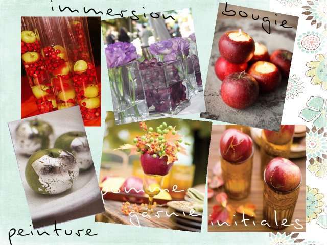 centre de table mariage fruits immergés dans vase pomme raisin bougie pommes