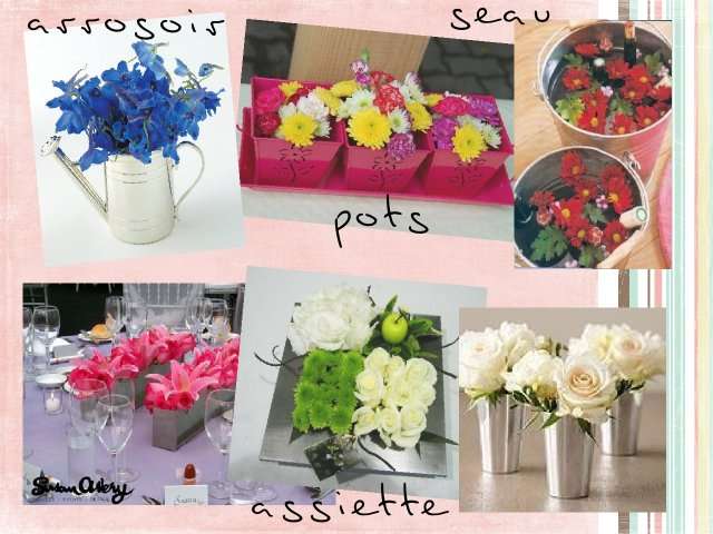 centre de table mariage composition florale arrosoir pots seau