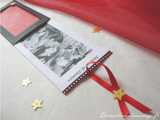   décoration mariage thème cinéma faire part noir rouge pellicule légendes d'hollywood pochette clark gable vivien leigh paillette étoile