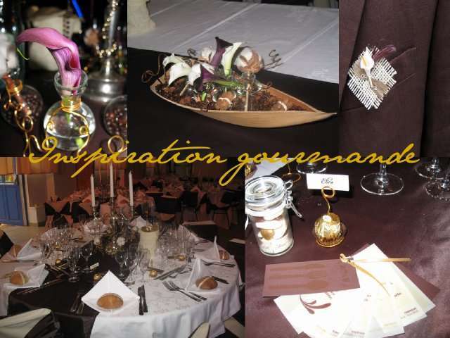 contribution decoration mariage thème gourmandise chocolat doré centre de table boutonnière marque place menu