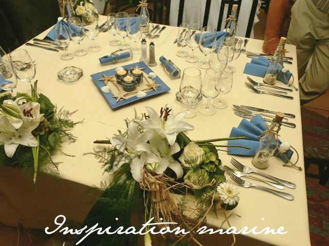   contribution décoration table mariage bleu et sable thème mer