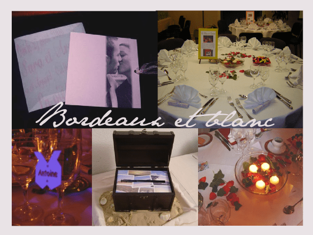    contribution décoration mariage bordeaux et blanc marque place costume cintre verre urne faire part