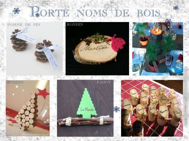 décoration mariage idées thème hiver montagne marque place porte nom  rondin de bois pomme de pin sapin arbuste sapin en rondin