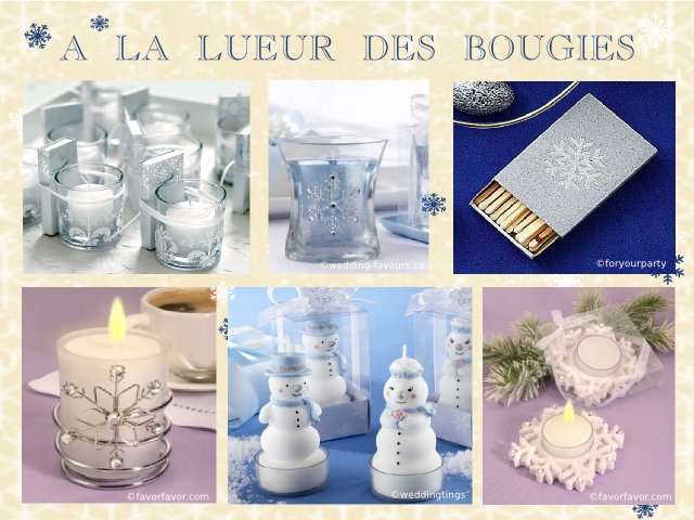décoration mariage idées thème hiver montagne cadeaux invités bougeoir flocon de neige bougie bonhomme de neige boîte allumette bougie gel