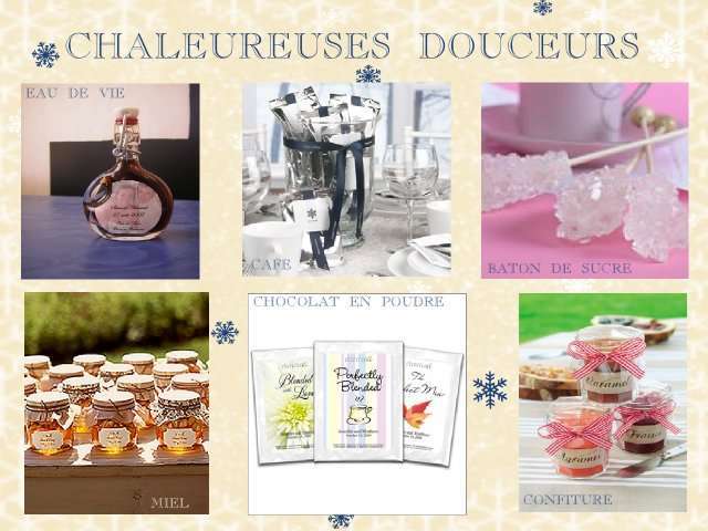 décoration mariage idées thème hiver montagne cadeaux invités eau de vie bâtonde sucre pot de confiture miel chocolat en poudre café