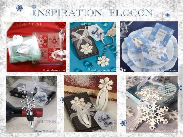 décoration mariage idées thème hiver montagne cadeaux invités sous verre marque page flocon de neige bouchon  porte clé cadre