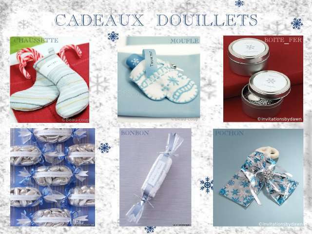 décoration mariage idées thème hiver montagne cadeaux invités pochons à dragées moufle chaussette bonbon flocon boîte en fer