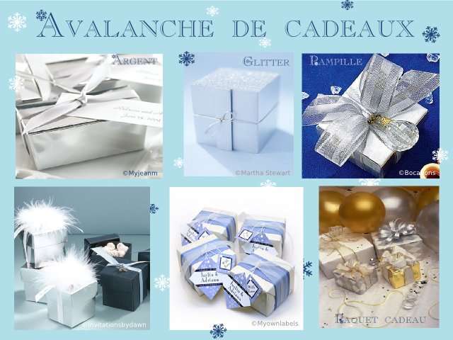 décoration mariage idées thème hiver montagne cadeaux invités boîte à dragées argent paquet cadeau glitter pendeloque verre