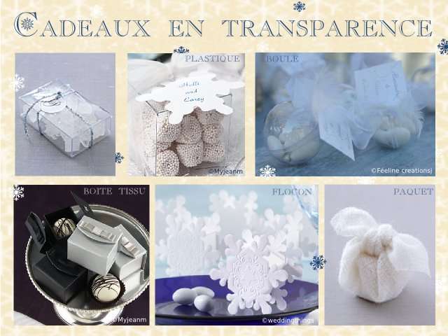 décoration mariage idées thème hiver montagne cadeaux invités paquet tissu boîte flocon de neige boule plastique transaprent