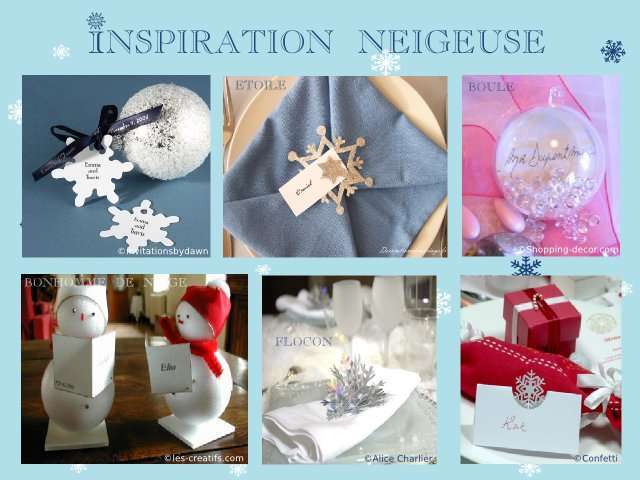 décoration mariage idées thème hiver montagne marque place porte nom flocon de niege étoile argentée bouleen plastique transparent bonhomme de neige en polystyrène 