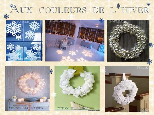 décoration mariage idées thème hiver montagne décoration de salle flocon en papier sur vitre spot lumineux spo flocon couronne de coton tulle de boule de noel