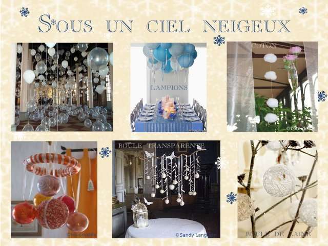 décoration mariage idées thème hiver montagne décoration de salle ballons gonflés à l'hélium boule transparente suspendue boule de laine lampion chinois guirlande de coton
