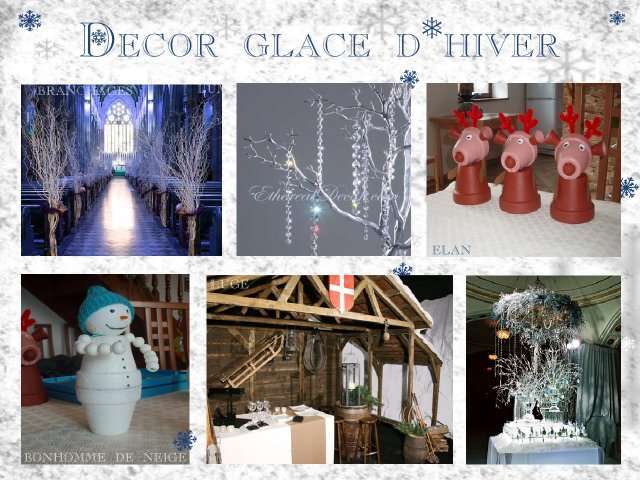 décoration mariage idées thème hiver montagne décoration de salle arbre de cristal branchage bonhomme de neige en pot de fleur luge élan