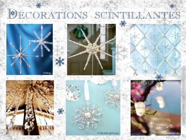 décoration mariage idées thème hiver montagne décoration de salle plafond flocon en perles en cristal guirlande cristal de roche 