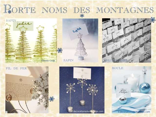 décoration mariage idées thème hiver montagne marque place porte nom sapin en fil de fer métallique photophore porte nom étoile flocon de neige boule argentée