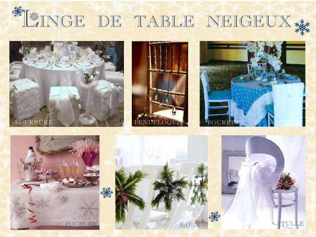 décoration mariage idées thème hiver montagne linge de table fourrure pendeloque de verre flocon au pochoir sur nappe branchage de sapin sur chaise noeud de tulle décoration chaise