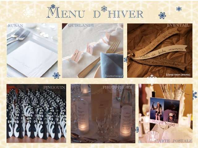 décoration mariage idées thème hiver montagne menu gurilande de laine carte éventail bois pinguoin manchoit menu photophore carte poatale