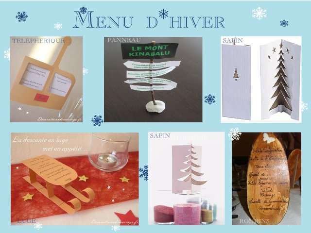 décoration mariage idées thème hiver montagne menu carte sapin 3 d cabine téléphérique luge panneau de signalisation rondin de bois pyrogravure 
