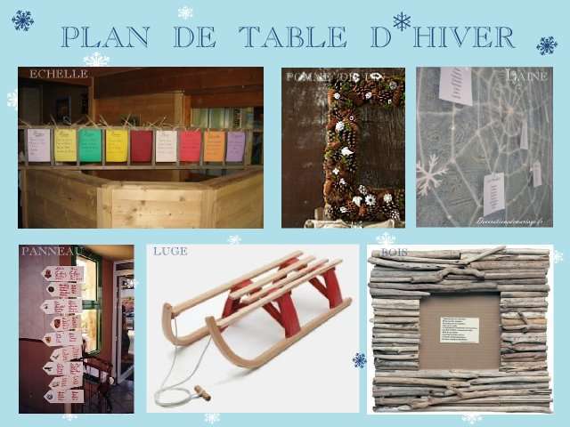 décoration mariage idées thème hiver montagne plan de table échelle cadre pomme de pin fil de laine toile panneau signalisation luge bois rondins