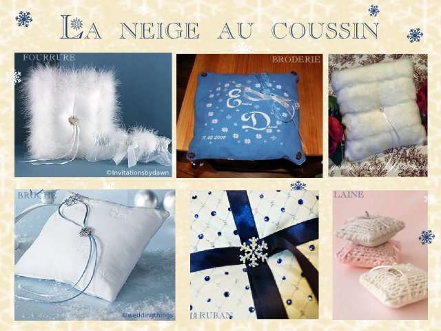 décoration mariage idées thème hiver montagne porte alliance coussin fourrure broderie flocon de neige broche laine 