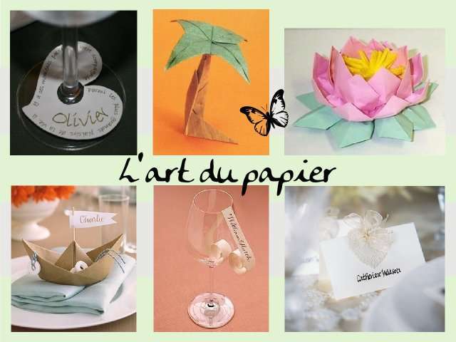  idées marque place de mariage bricolage loisirs créatifs faire soi même origami palmier nénuphar bateau mer papier roulé porte nom en pied de verre coeur 