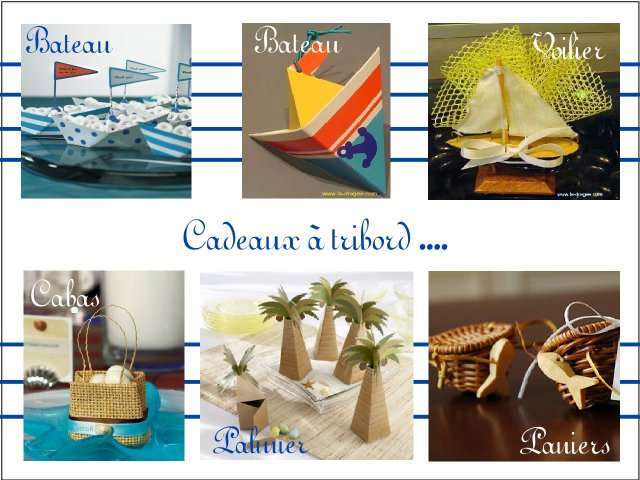 Décoration mariage idées thème mer cadeaux invités boite à dragée bateau voilier cabas de plage panier osier boîte palmier