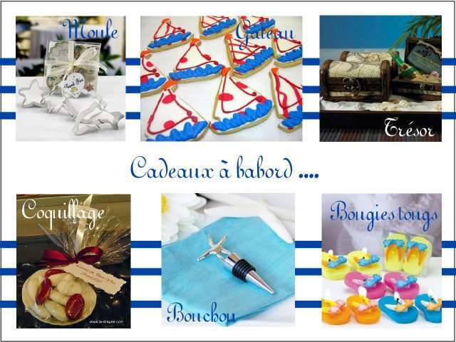 Décoration mariage idées thème mer cadeaux invités moule à gâteau coffre au trésor gâteau coquillage à dragées bougies tongs bouchon étoile de mer