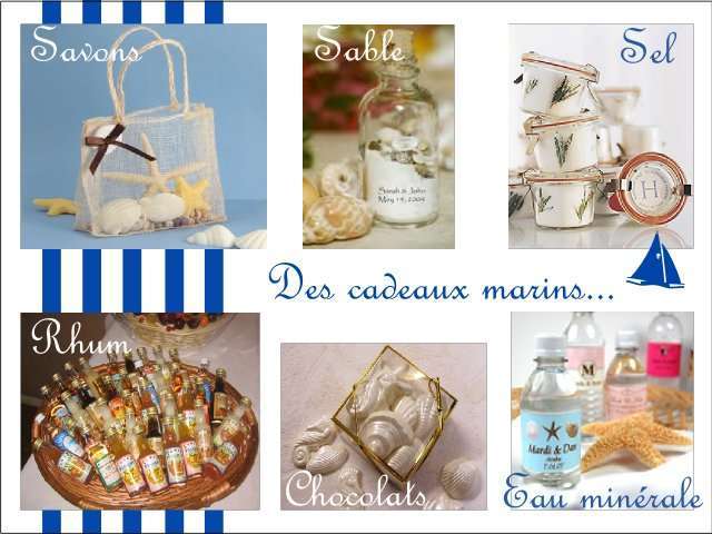  Décoration mariage idées thème mer cadeaux invités savons sable coquillage pot de sel rhum eau minérale chocolat