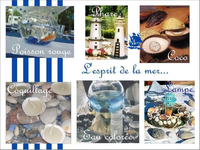  Décoration mariage idées thème mer centre de table bocal poisson rouge phare bougie noix de coco coquillage eu colorée