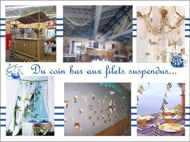  Décoration mariage idées thème mer décoration de salle bar créaole mobile de coquillage filet au plafond fanion guilande