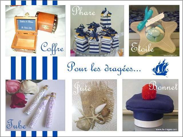  Décoration mariage idées thème mer cadeaux invités boîte à dragée coffre boix phare étoile bonnet marin pompon tube à essai fiole pochon toile de jute