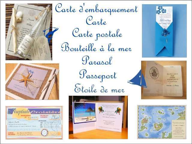  Décoration mariage idées thème mer faire-part carte géographique bouteille ombrelle papier carte postale passeport carte d'embarquement étoile de mer