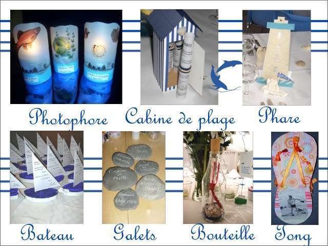  Décoration mariage idées thème mer menu cabine de plage photophoreaquarium poisson phare en éventail galet voilier en bouteille tong