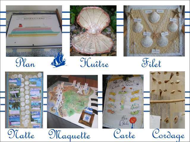  Décoration mariage idées thème mer plan de table  plan bateau coquillage huître crodage filet carte géographique natte de plage maquette bordure de mer