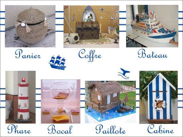  Décoration mariage idées thème mer urne coffre trésor panier corbeille maquette bateau voilier phare cabine de plage paillote bocal à poisson