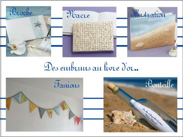 Décoration mariage idées thème mer livre d'or broche étoile de mer nacre fanions bouteille messages
