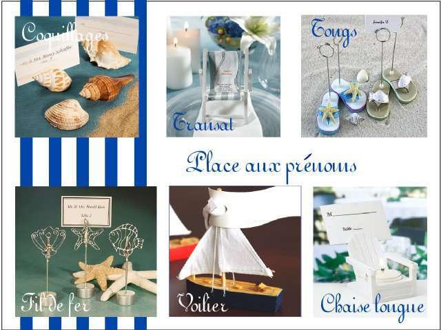 Décoration mariage idées thème mer marque place porte nom coquillage tongs transat fil de fer chaise longue voilier