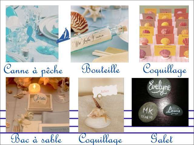  Décoration mariage idées thème mer marque place porte nom bouteille coquillage canne à pêche galet bac à sable