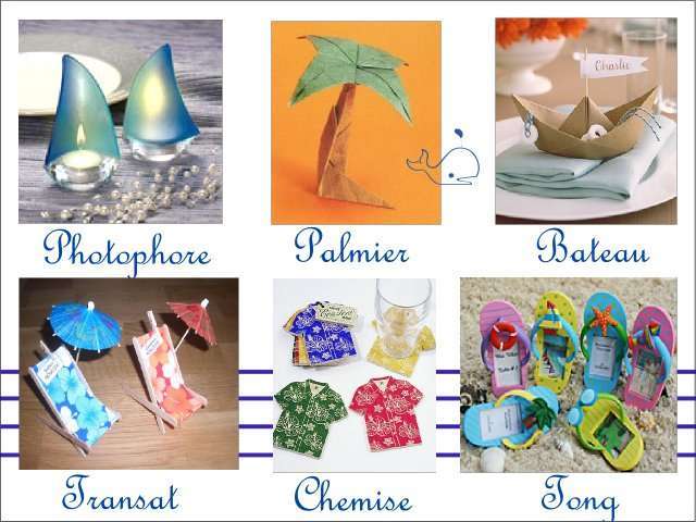  Décoration mariage idées thème mer marque place porte nom voilier photophore palmier origami bateau transat bâtonnet en bois tongs chemise hawaîenne