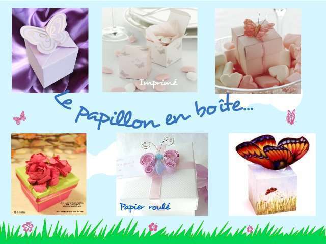  décoration mariage idées thème papillon nature champêtre boîte à dragées cadeaux aux invités carton papier roulé imprimé fleur garniture