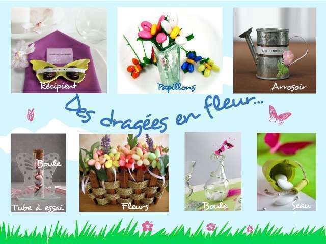  décoration mariage idées thème papillonnature champêtre cadeaux aux invités boîte à dragées  fleur en dragées  récipient plat mini tube à essai éprouverre verre seau goutte en plastique transparent arrosoir en zinc