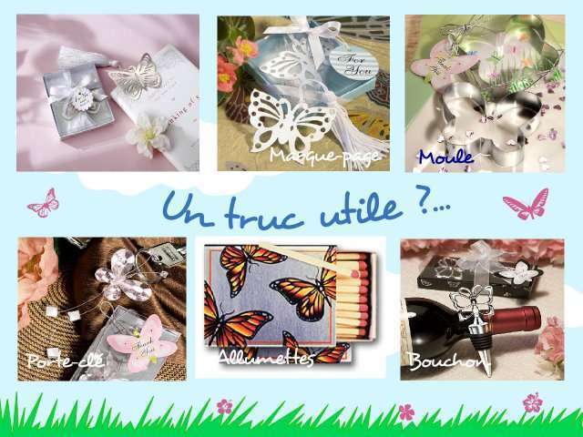  décoration mariage idées papillon champêtre cadeaux invités marque page moule à gâteau boîte allumettes porte-clés bouchon bouteille