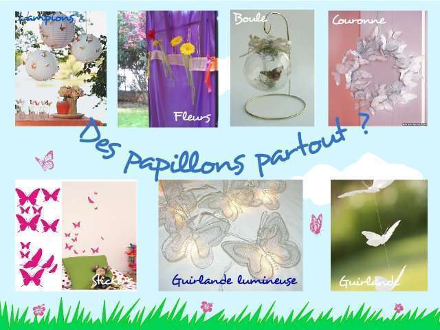  décoration mariage papillon nature champetre salle plafond boule lampion boule transparente plastique couronne  ruban mobile stickers  guirlande lumineuse loisirs créatifs