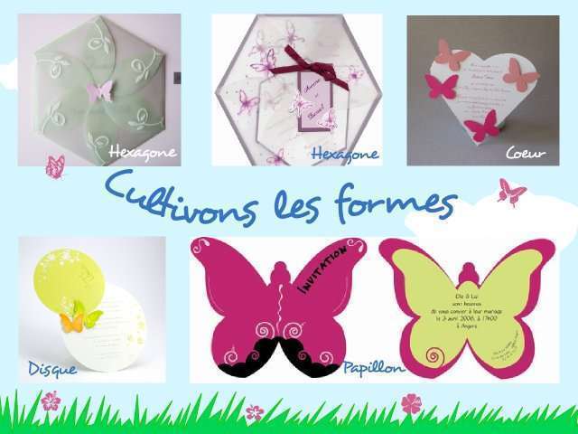  décoration mariage  papillon faire-part champêtre pochette hexagone coeur disque 