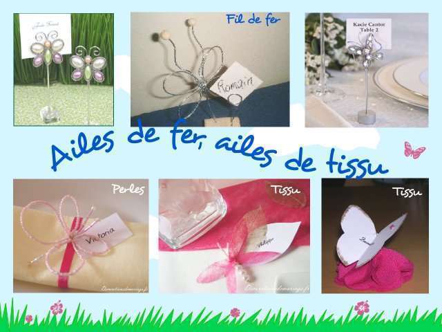  décoration mariage idées thème papillon champêtre marque place porte nom fil de fer métallique en perles en tissu intissé tulle sur fleur de camélia en tissu loisirs créatifs
